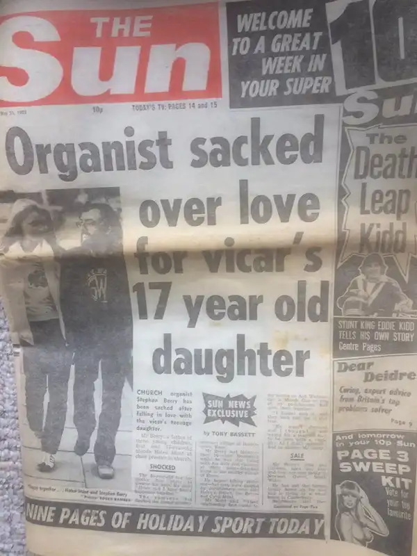 Photo of The Sun front cover with a headline about an organist being sacked